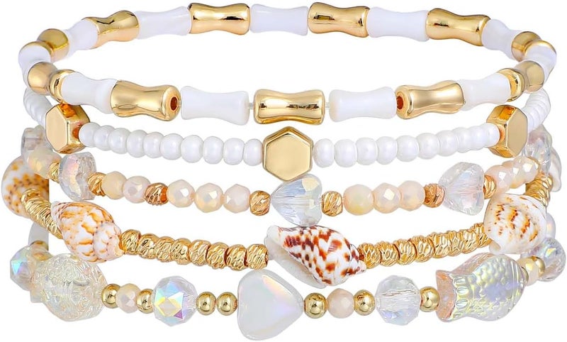 Pymach Store Dainty Gold Plated Pearl Crystal Beaded Bracelets Set for Women 14K Gold Plated Bead Pearl Beads Bracelet Stackable Paperclip Link Chain Bracelets Gold Plated Bracelets for Women Trendy Jewelry - Image 1
